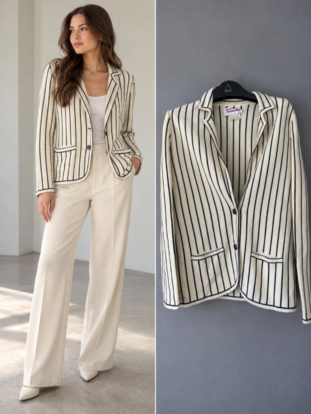 Tricoville Vintage Cream Navy Stripe Knit Blazer Jacket Preppy Old Money 12